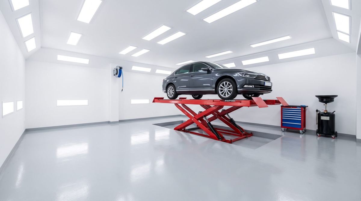 Scherenhebebühne mit Auto in der RentMyGarage-Halle